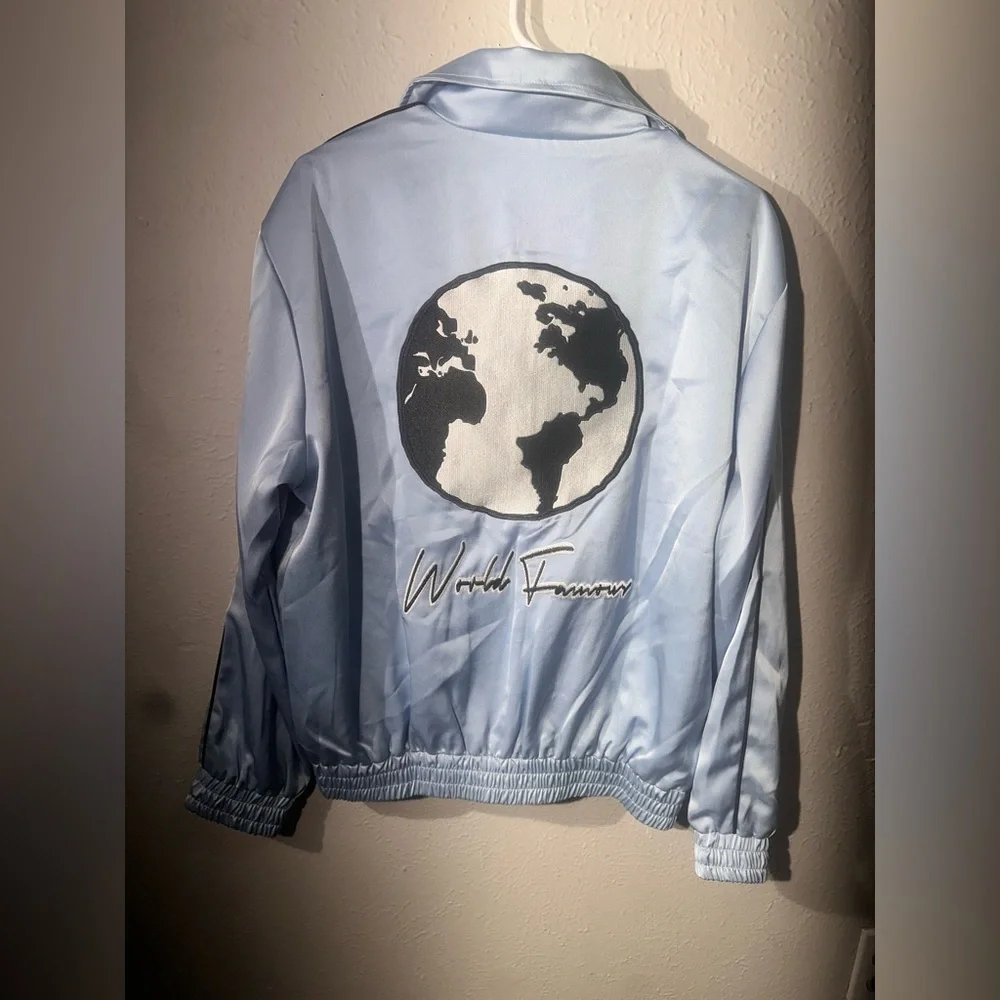 Homme + Femme World Famous Light Blue Bomber Jacket NWT Size Small